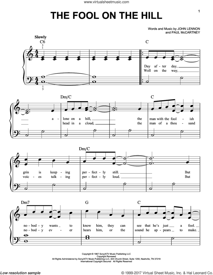 The Fool On The Hill, (easy) sheet music for piano solo by The Beatles, John Lennon and Paul McCartney, easy skill level