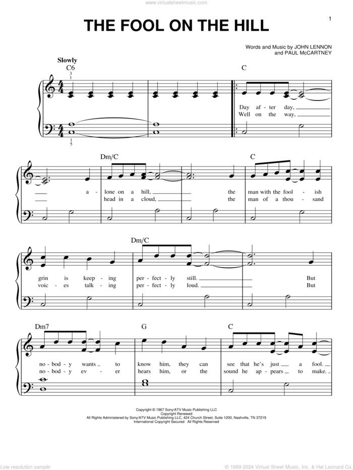 The Fool On The Hill, (easy) sheet music for piano solo by The Beatles, John Lennon and Paul McCartney, easy skill level