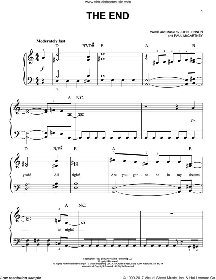 The End sheet music for piano solo by The Beatles, John Lennon and Paul McCartney, easy skill level