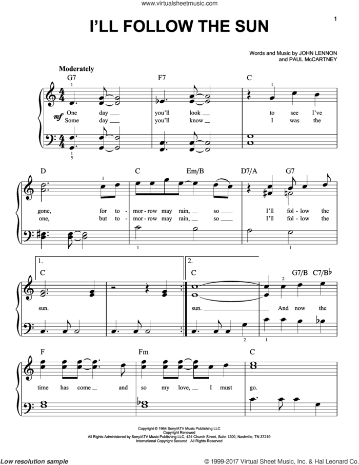 I'll Follow The Sun sheet music for piano solo by The Beatles, John Lennon and Paul McCartney, easy skill level