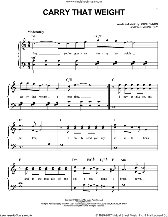 Carry That Weight sheet music for piano solo by The Beatles, John Lennon and Paul McCartney, easy skill level