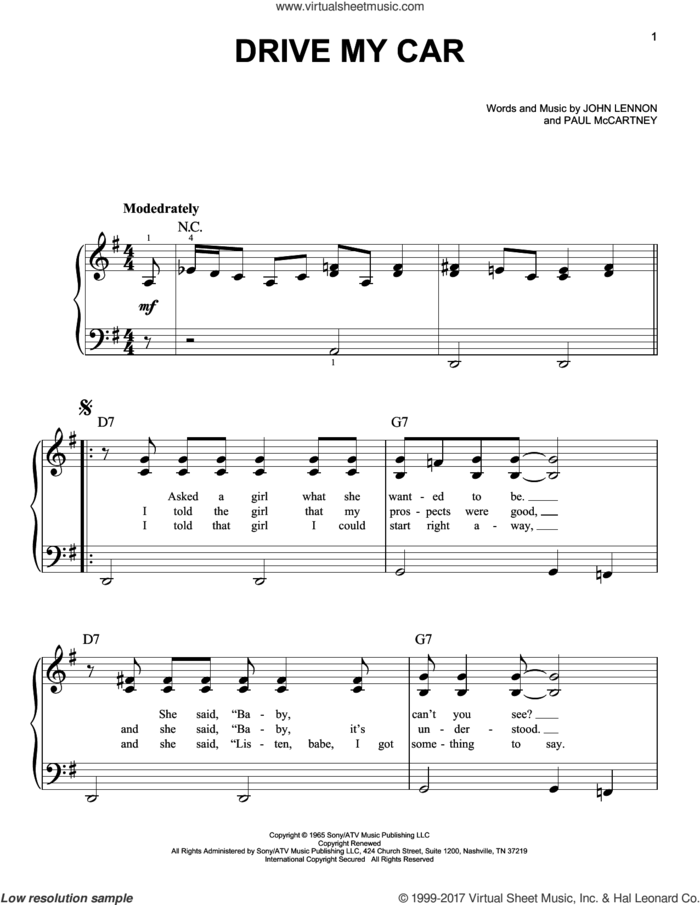 Drive My Car sheet music for piano solo by The Beatles, John Lennon and Paul McCartney, easy skill level