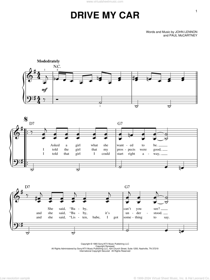 Drive My Car sheet music for piano solo by The Beatles, John Lennon and Paul McCartney, easy skill level