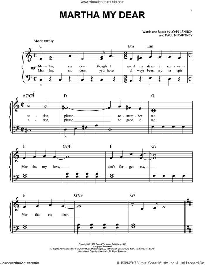 Martha My Dear sheet music for piano solo by The Beatles, John Lennon and Paul McCartney, easy skill level