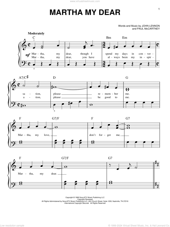 Martha My Dear sheet music for piano solo by The Beatles, John Lennon and Paul McCartney, easy skill level