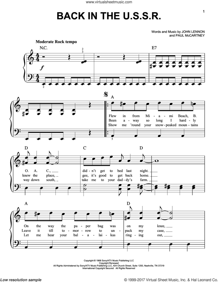 Back In The U.S.S.R. sheet music for piano solo by The Beatles, John Lennon and Paul McCartney, easy skill level