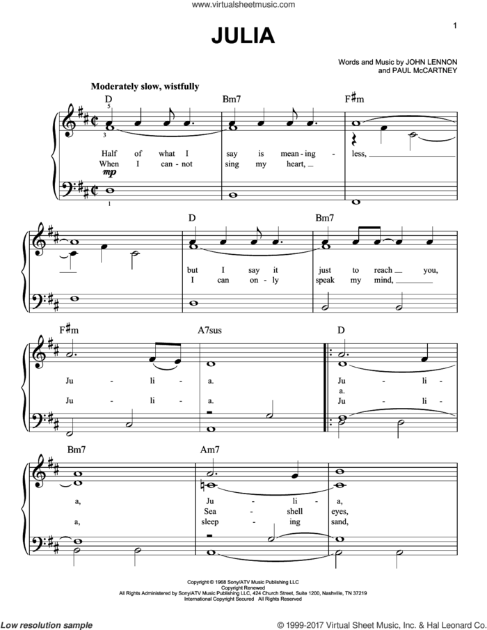 Julia sheet music for piano solo by The Beatles, John Lennon and Paul McCartney, easy skill level