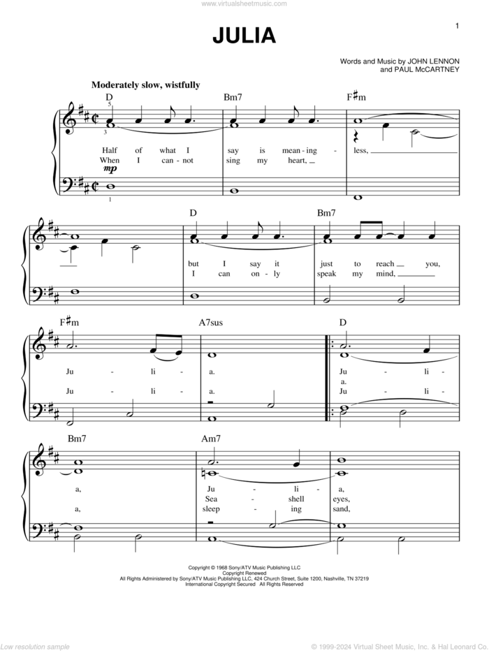 Julia sheet music for piano solo by The Beatles, John Lennon and Paul McCartney, easy skill level