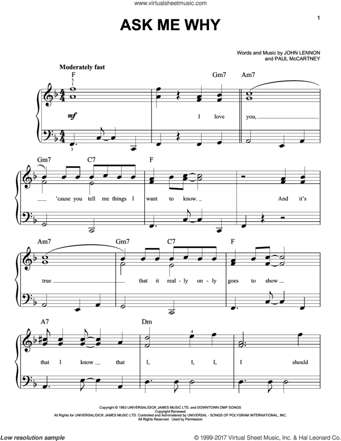 Ask Me Why sheet music for piano solo by The Beatles, John Lennon and Paul McCartney, easy skill level