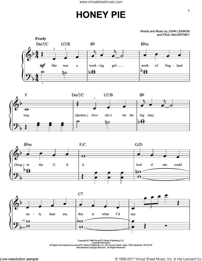 Honey Pie sheet music for piano solo by The Beatles, John Lennon and Paul McCartney, easy skill level