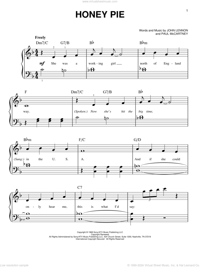 Honey Pie sheet music for piano solo by The Beatles, John Lennon and Paul McCartney, easy skill level