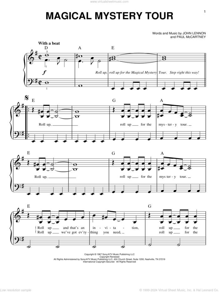 Magical Mystery Tour sheet music for piano solo by The Beatles, John Lennon and Paul McCartney, easy skill level