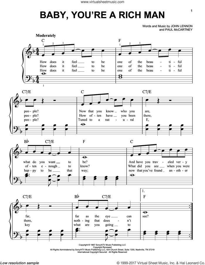 Baby You're A Rich Man sheet music for piano solo by The Beatles, John Lennon and Paul McCartney, easy skill level