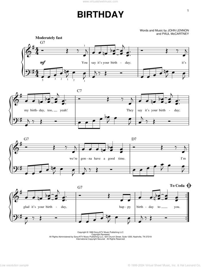 Birthday sheet music for piano solo by The Beatles, John Lennon and Paul McCartney, easy skill level