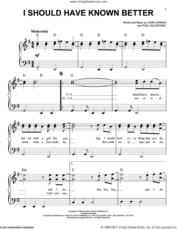 I Should Have Known Better, (easy) sheet music for piano solo by The Beatles, John Lennon and Paul McCartney, easy skill level