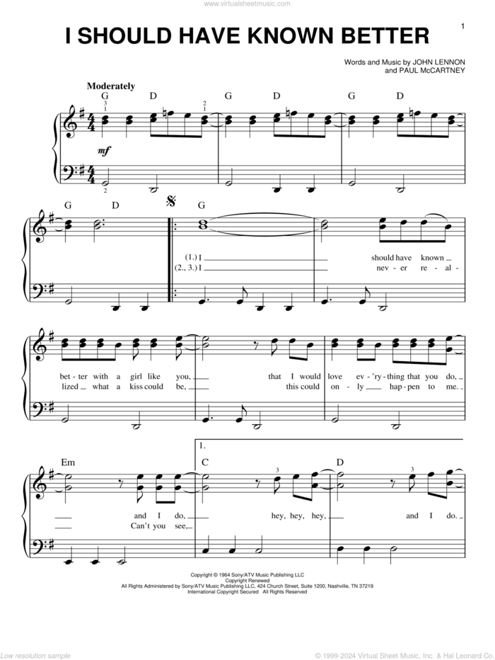 I Should Have Known Better, (easy) sheet music for piano solo by The Beatles, John Lennon and Paul McCartney, easy skill level