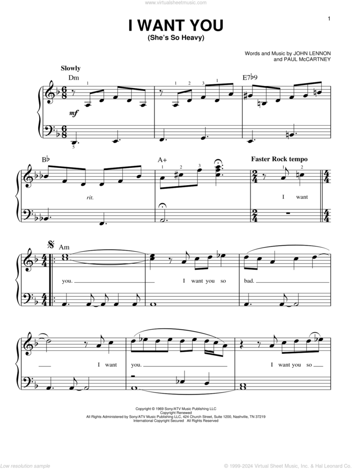 I Want You (She's So Heavy) sheet music for piano solo by The Beatles, John Lennon and Paul McCartney, easy skill level