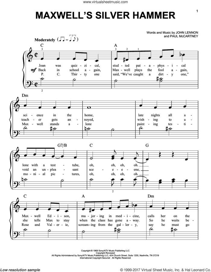 Maxwell's Silver Hammer sheet music for piano solo by The Beatles, John Lennon and Paul McCartney, easy skill level