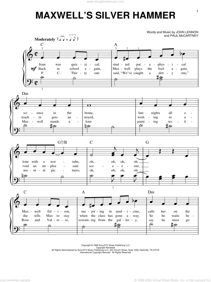 Maxwell's Silver Hammer sheet music for piano solo by The Beatles, John Lennon and Paul McCartney, easy skill level