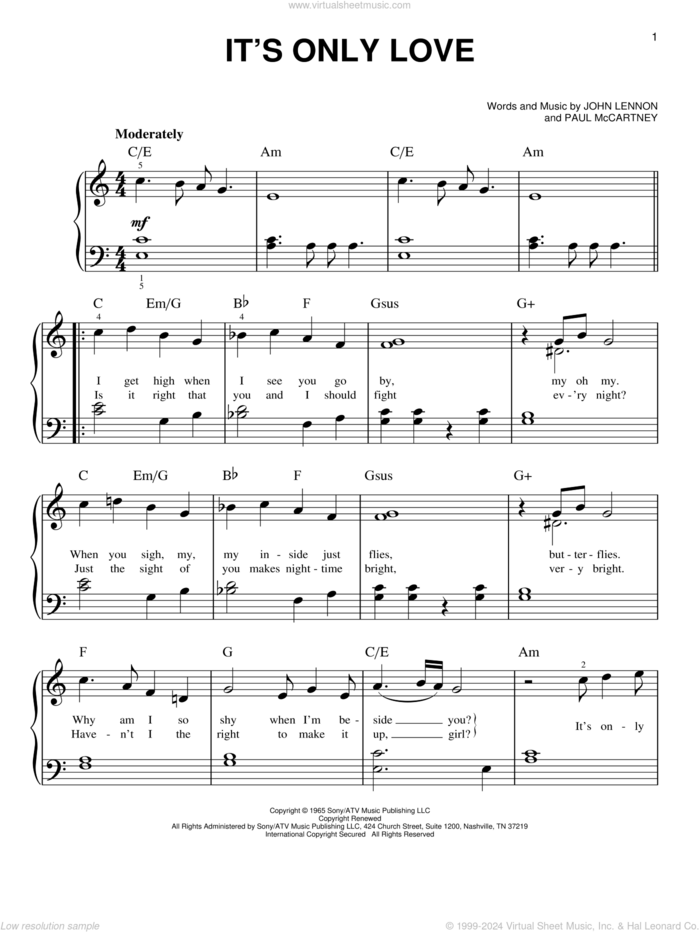 It's Only Love sheet music for piano solo by The Beatles, John Lennon and Paul McCartney, easy skill level