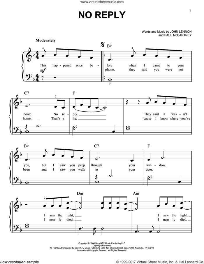 No Reply sheet music for piano solo by The Beatles, John Lennon and Paul McCartney, easy skill level