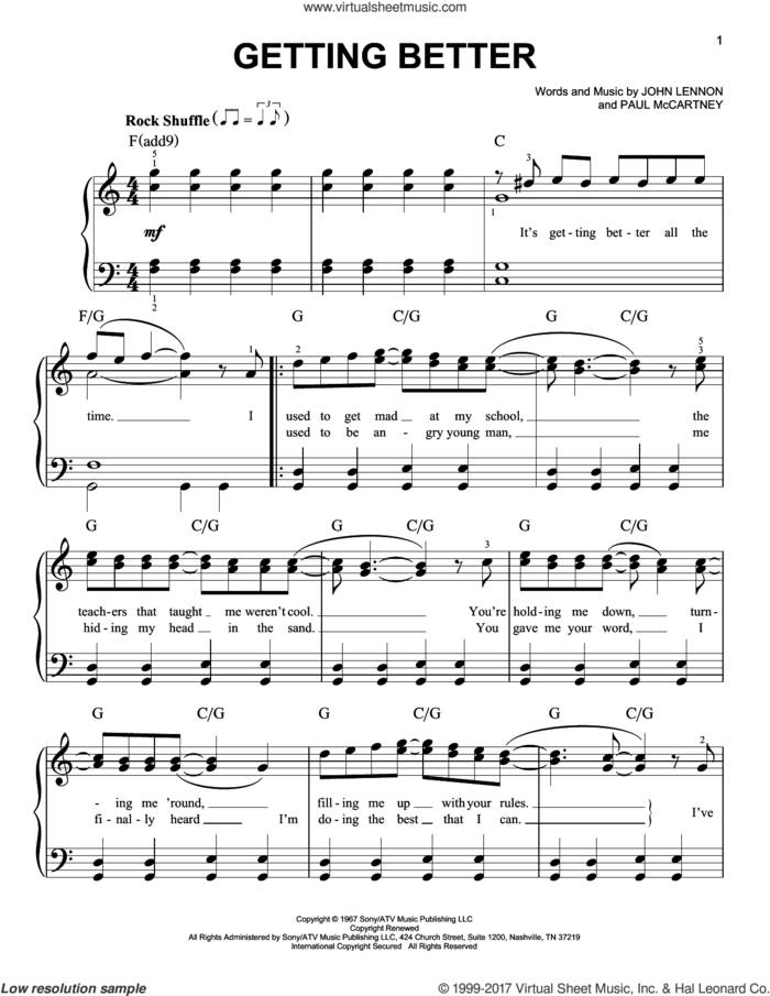 Getting Better sheet music for piano solo by The Beatles, John Lennon and Paul McCartney, easy skill level