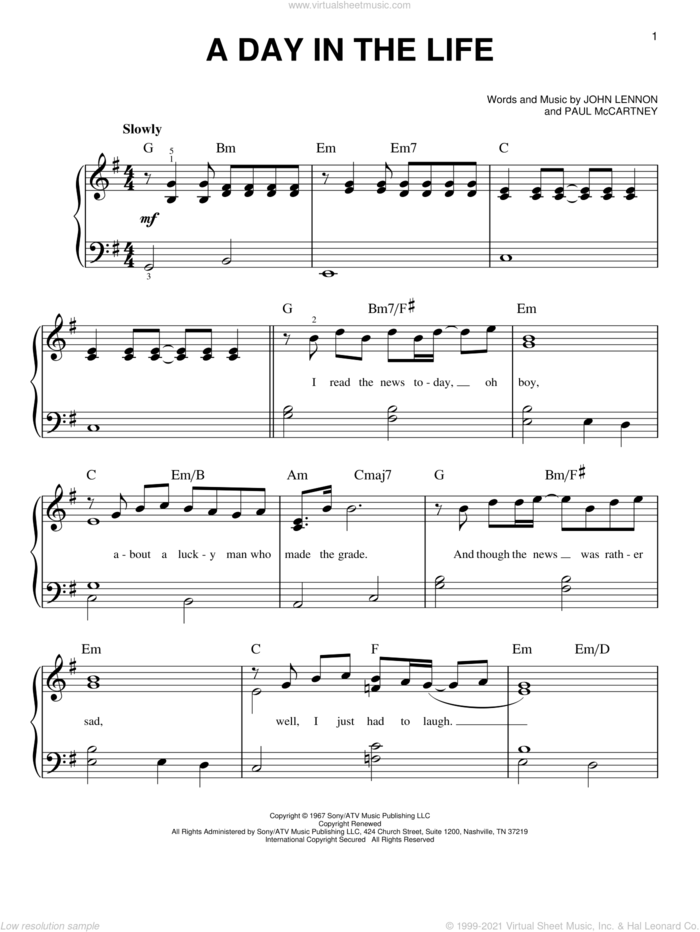 A Day In The Life, (easy) sheet music for piano solo by The Beatles, John Lennon and Paul McCartney, easy skill level
