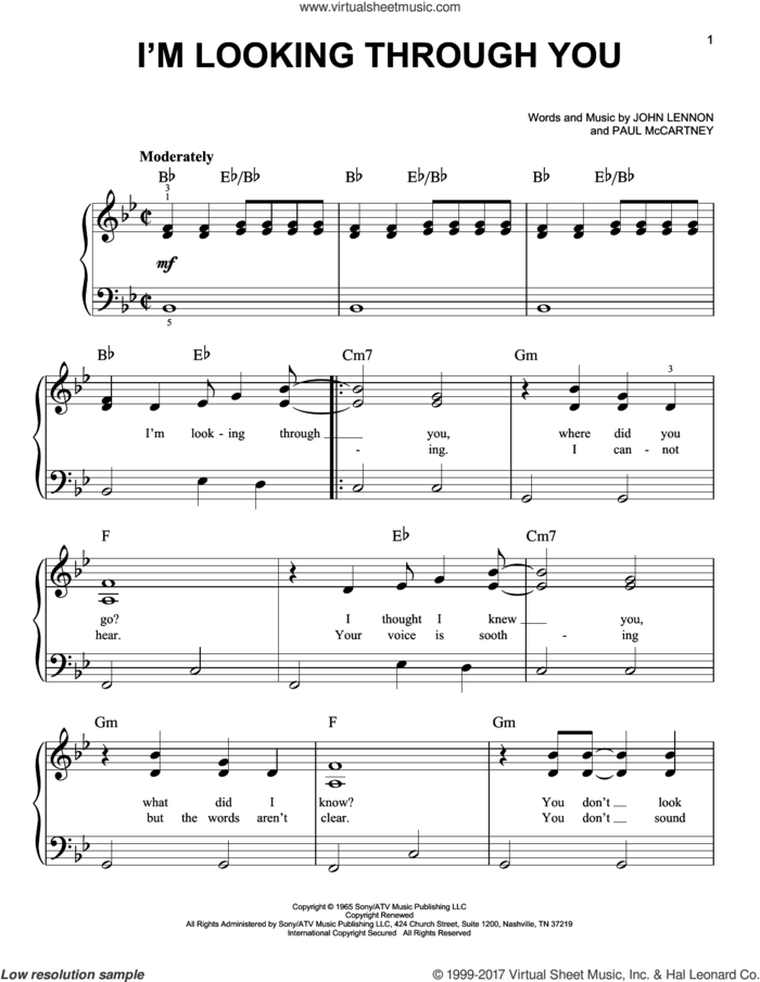 I'm Looking Through You sheet music for piano solo by The Beatles, John Lennon and Paul McCartney, easy skill level