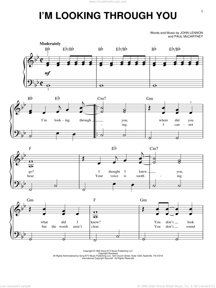 I'm Looking Through You sheet music for piano solo by The Beatles, John Lennon and Paul McCartney, easy skill level