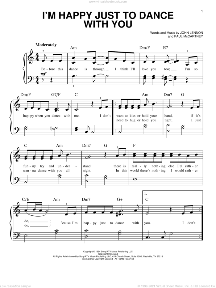 I'm Happy Just To Dance With You sheet music for piano solo by The Beatles, John Lennon and Paul McCartney, easy skill level