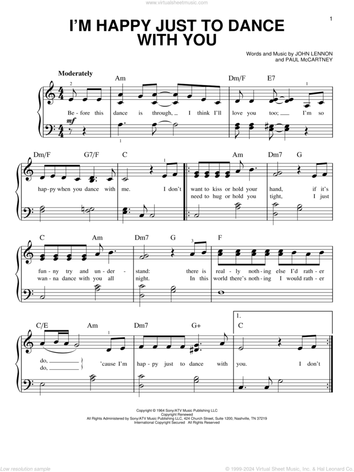 I'm Happy Just To Dance With You sheet music for piano solo by The Beatles, John Lennon and Paul McCartney, easy skill level