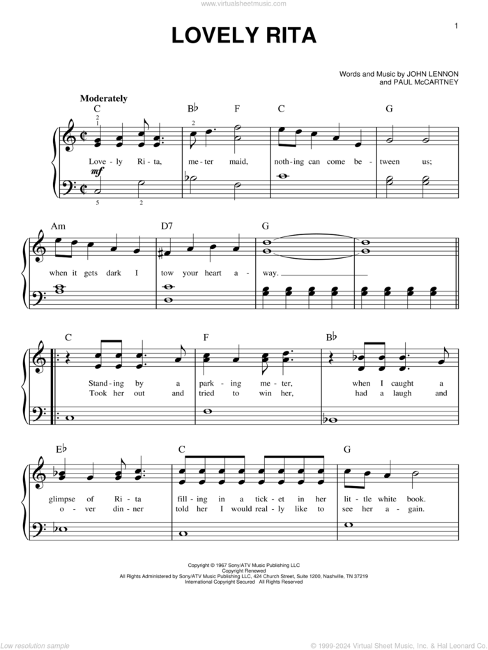 Lovely Rita sheet music for piano solo by The Beatles, John Lennon and Paul McCartney, easy skill level