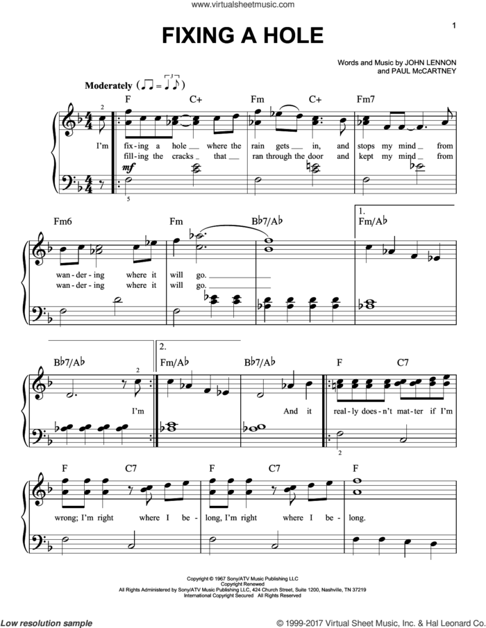 Fixing A Hole sheet music for piano solo by The Beatles, John Lennon and Paul McCartney, easy skill level