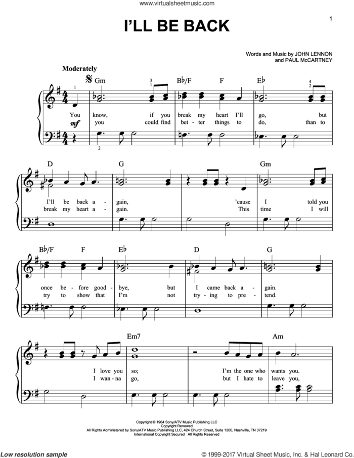 I'll Be Back sheet music for piano solo by The Beatles, John Lennon and Paul McCartney, easy skill level
