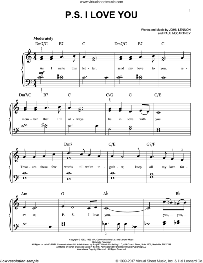 P.S. I Love You sheet music for piano solo by The Beatles, John Lennon and Paul McCartney, easy skill level