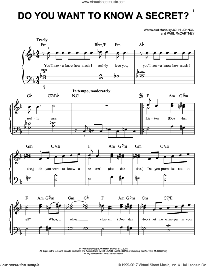 Do You Want To Know A Secret? sheet music for piano solo by The Beatles, John Lennon and Paul McCartney, easy skill level