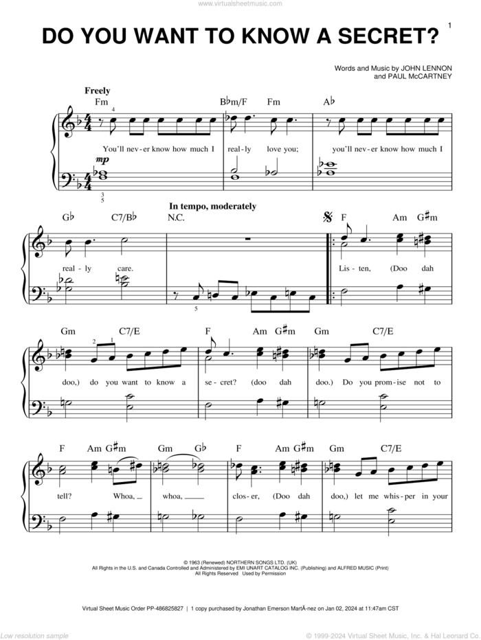 Do You Want To Know A Secret? sheet music for piano solo by The Beatles, John Lennon and Paul McCartney, easy skill level