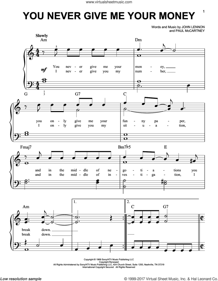 You Never Give Me Your Money sheet music for piano solo by The Beatles, John Lennon and Paul McCartney, easy skill level