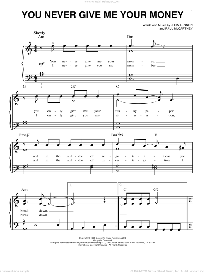 You Never Give Me Your Money sheet music for piano solo by The Beatles, John Lennon and Paul McCartney, easy skill level