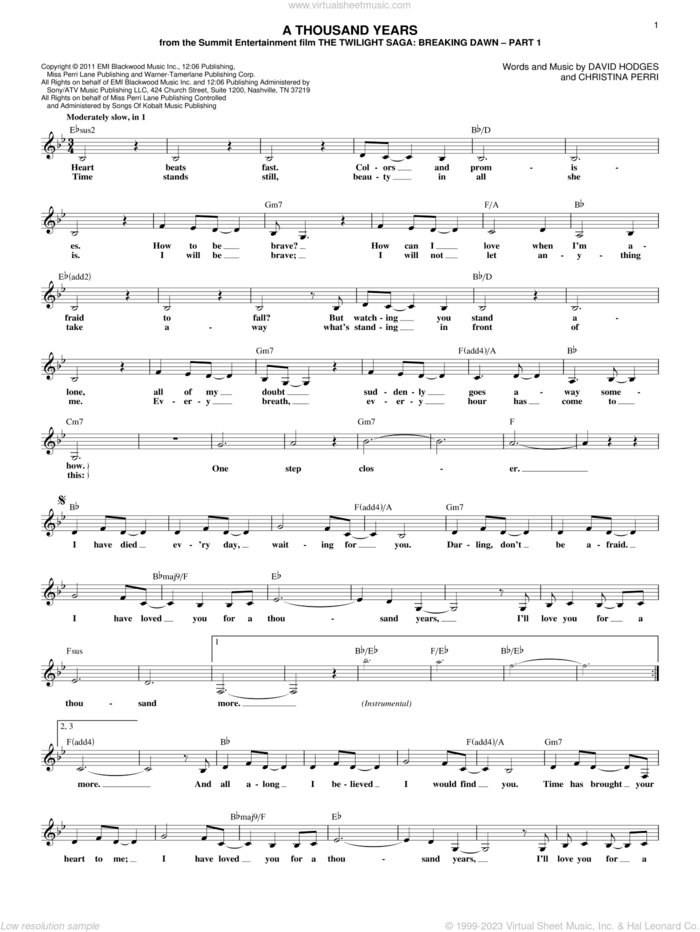 A Thousand Years sheet music for voice and other instruments (fake book) by Christina Perri and David Hodges, wedding score, intermediate skill level