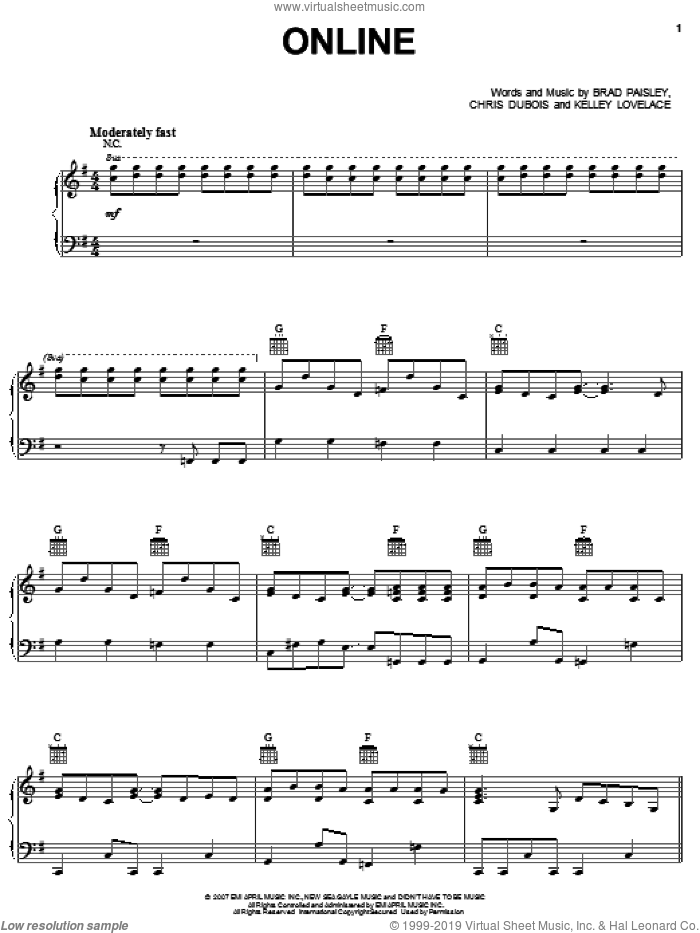 Online sheet music for voice, piano or guitar by Brad Paisley, Chris DuBois and Kelley Lovelace, intermediate skill level