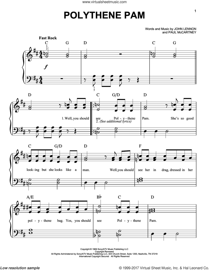Polythene Pam sheet music for piano solo by The Beatles, John Lennon and Paul McCartney, easy skill level