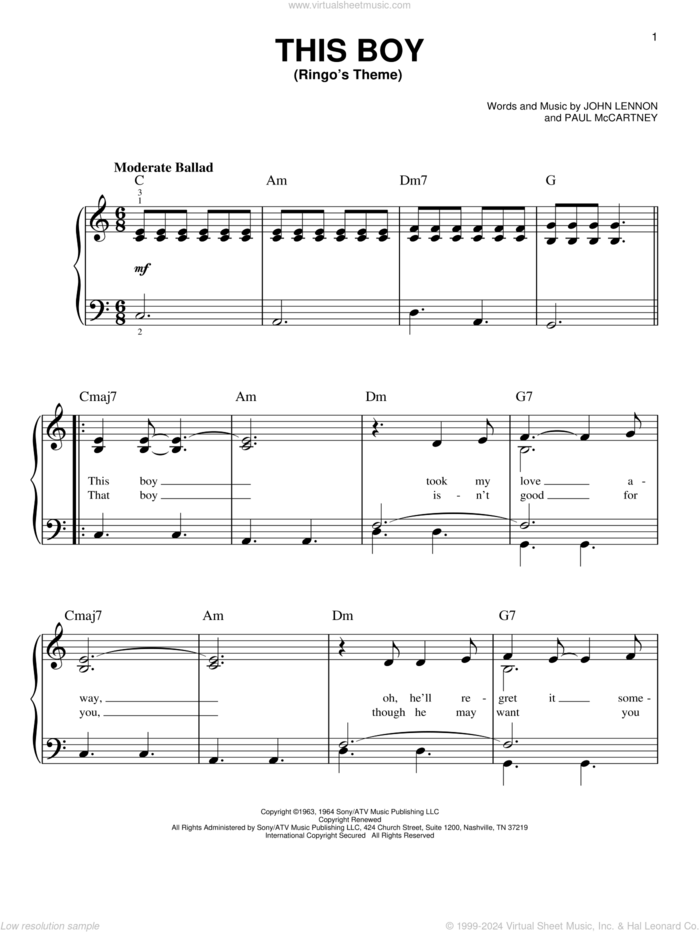 This Boy (Ringo's Theme) sheet music for piano solo by The Beatles, John Lennon and Paul McCartney, easy skill level