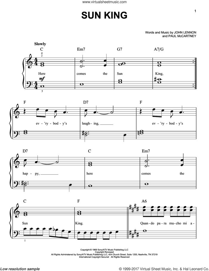 Sun King sheet music for piano solo by The Beatles, John Lennon and Paul McCartney, easy skill level
