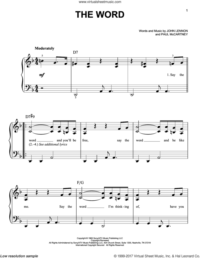 The Word sheet music for piano solo by The Beatles, John Lennon and Paul McCartney, easy skill level