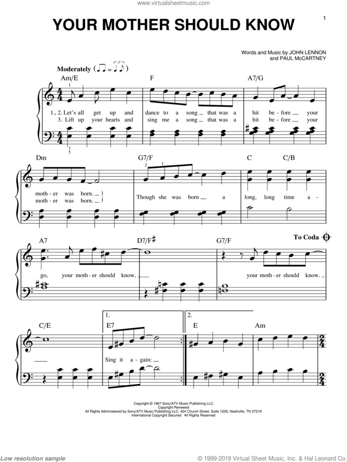 Your Mother Should Know sheet music for piano solo by The Beatles, John Lennon and Paul McCartney, easy skill level