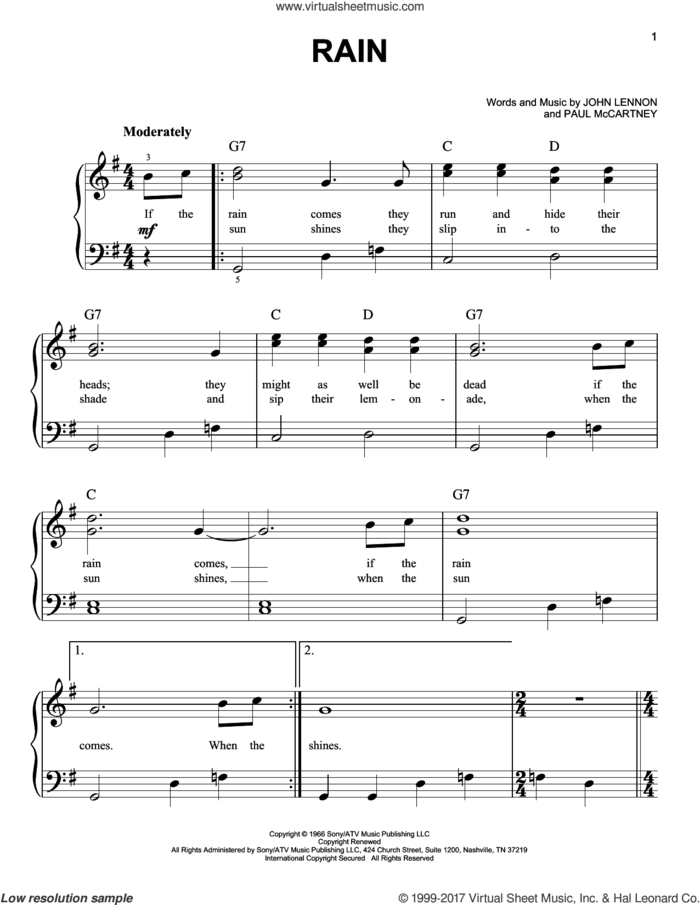 Rain sheet music for piano solo by The Beatles, John Lennon and Paul McCartney, easy skill level