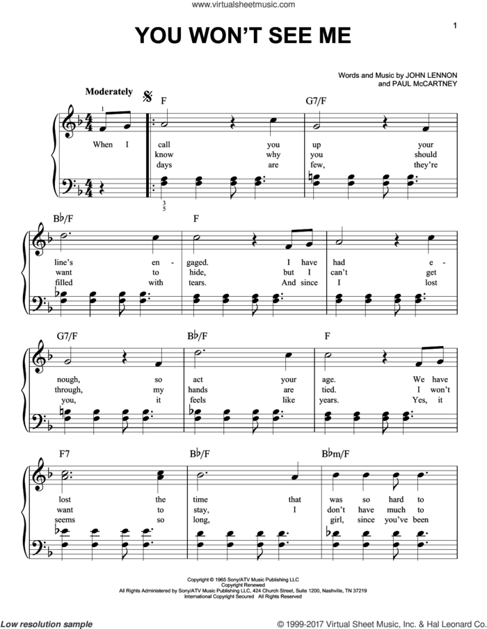 You Won't See Me sheet music for piano solo by The Beatles, John Lennon and Paul McCartney, easy skill level
