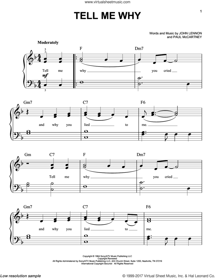 Tell Me Why sheet music for piano solo by The Beatles, John Lennon and Paul McCartney, easy skill level