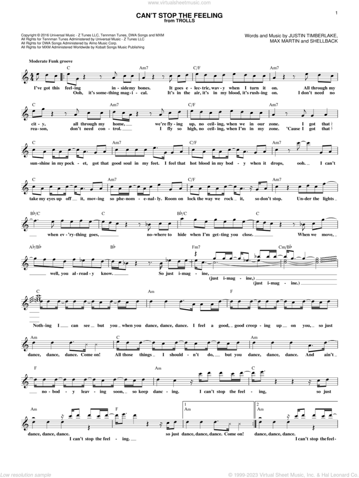 Can't Stop The Feeling sheet music for voice and other instruments (fake book) by Justin Timberlake, Johan Schuster, Max Martin and Shellback, intermediate skill level
